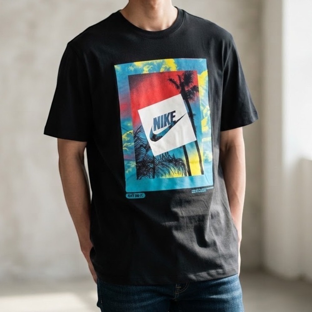 Nike Graphic T-Shirt Mens Medium Black Tropical Palm Tree Logo Just Do It Tee